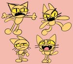 ambiguous_gender anthro arms_out crossed_legs fangs fur group hands_on_hips heart_symbol open_mouth pink_background simple_background teeth tired_eyes toony walking whiskers yellow_body yellow_eyes yellow_fur yungknight domestic_cat felid feline felis mammal hi_res