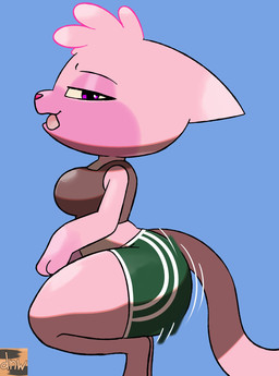 anthro big_breasts big_butt blue_background bottomwear bra breasts butt clothed clothing crouching female fur hotpants looking_at_viewer open_mouth pink_body pink_fur purple_eyes shorts side_view simple_background solo sports_bra tail thick_thighs tongue tongue_out topwear twerking underwear wide_hips darknsfwindie epic_and_jana jana_(epic_and_jana) domestic_cat felid feline felis mammal 2026 digital_media_(artwork) hi_res