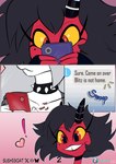 anthro clothing collar duo electronics female hair horn phone smile spiked_collar spikes text sushigoat helluva_boss mythology loona_(helluva_boss) millie_(helluva_boss) canid canid_demon canine demon hellhound imp mammal mythological_canine mythological_creature absurd_res comic english_text hi_res