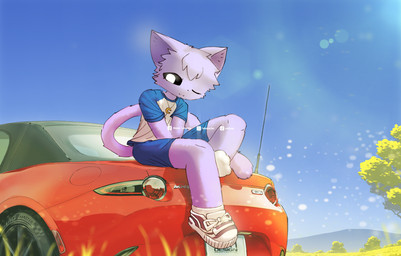 anthro blue_bottomwear blue_clothing blue_shirt blue_shorts blue_sky blue_topwear bottomwear car cat_tail clear_sky clothed clothing footwear fur hair jewelry landscape landscape_background light light_beam looking_at_viewer male necklace one_eye_closed outside plant purple_body purple_fur school_uniform shirt shoes shorts sitting sitting_on_car sitting_on_vehicle sky smile socks solo sunbeam sunlight tail taillights topwear tree uniform vehicle bikabe3m mob_entertainment poppy_playtime smiling_critters catnap_(poppy_playtime) domestic_cat felid feline felis mammal digital_media_(artwork) hi_res