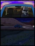 anthro canid canine car city clothing comic driving eyewear fox fur grey_body grey_fur headlights hi_res hill hillside hoodie inside_car male mammal multicolored_body multicolored_fur night outside plant solo starrffax starrffax_(fox_sona) sunglasses sunset topwear two_tone_body two_tone_fur vehicle