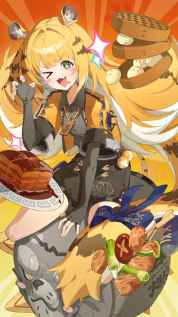 accessory animal_ears baozi bare_legs beef black_bottomwear black_clothing black_shorts blonde_hair blue_clothing blue_footwear blue_shoes blush bottomwear cake clothed clothing collared_shirt cute_fangs dessert dish dress_shirt fangs female fluffy_ears food footwear fruit furgonomics glistening glistening_hair green_eyes grey_dress_shirt hair happy jacket long_hair meat one_eye_closed open_clothing open_jacket open_mouth open_topwear orange_background paw_pose pepper_(fruit) plant pose ribbons shirt shoes shorts simple_background sitting skewered_food sparkles sparkling_eyes striped_hair tail tail_accessory tail_ribbon teeth topwear wariza white_hair yellow_clothing yellow_jacket_(clothing) yellow_topwear young young_female young_humanoid uzu_(malese0202) mihoyo zenless_zone_zero ju_fufu animal_humanoid felid felid_humanoid humanoid mammal mammal_humanoid pantherine pantherine_humanoid thiren tiger_humanoid absurd_res hi_res