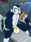 american_football anthro athletic athletic_anthro athletic_male ball beak bench biceps blue_body bulge clothed clothing detailed_bulge feathers genital_outline green_eyes grey_torso gridiron_ball holding_bulge holding_clothing holding_object holding_underwear jockstrap jockstrap_only locker_room male mascot nipples pecs penis_outline smile solo sport topless underwear underwear_only maverickk_(artist) nfl seattle_seahawks blitz_the_seahawk accipitrid accipitriform avian bird 3:4 hi_res