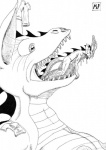 anthro bodily_fluids bottomwear breasts clothing drooling duo extreme_size_difference fangs female female_pred imminent_vore larger_female male nipples non-mammal_breasts pants saliva sharp_teeth shirt size_difference smaller_male tail teeth text tongue tongue_out topwear vore mr_person mythology dragon mythological_creature mythological_scalie scalie english_text monochrome sketch traditional_media_(artwork)