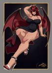 big_breasts breasts clothing colored_nails dress feet female footwear hair high_heels horn humanoid_feet humanoid_pointy_ears nails not_furry plantigrade red_hair shoes slit_dress solo wings yellow_eyes crescentia_fortuna demon humanoid 2024 hi_res