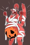 anthro belly belly_painting big_belly blue_eyes breasts fangs female food fruit fur hair holidays looking_at_viewer markings mostly_nude mummy_costume mummy_wrappings pawpads plant pregnant pregnant_female pumpkin pumpkin_belly rawr red_body red_fur red_hair ring_(marking) ringed_tail solo striped_markings striped_tail stripes tail tail_markings teeth ritts halloween cari_williams coati mammal procyonid 2020 hi_res