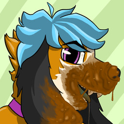 anthro blue_hair brown_body brown_fur church eating_feces feces feces_in_mouth feces_on_face fur hair male scatplay solo getchoo_pup canid canine mammal 1:1 hi_res