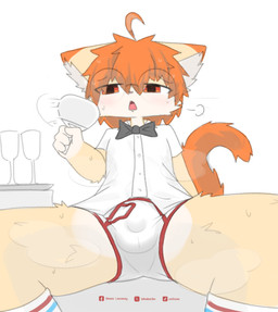 4_fingers anthro balls blush bodily_fluids bow_tie briefs cat_tail clothed clothing container cup drinking_glass eyewear fingers footwear fur genitals glass glass_container glass_cup glasses hair legwear male open_mouth orange_eyes orange_hair orange_tail panties red_seam_briefs shirt shota simple_background smelly socks solo sweat sweatdrop tail tan_body tan_fur tighty_whities topwear underwear white_briefs white_clothing white_shirt white_topwear white_underwear wine_glass young bikabe3m somorenji domestic_cat felid feline felis mammal