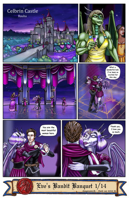 anthro aya_(markie) ballroom banner border castle clothing dancing dialogue dress female glass group horn male plant star text tree white_border wings markie mythology markie_(character) nina_(markie) dragon human humanoid mammal mythological_creature mythological_scalie scalie comic english_text hi_res
