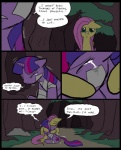 2013 bandage bodily_fluids clothed clothing comic cutie_mark detailed_background dialogue digital_media_(artwork) duo english_text equid equine feathered_wings feathers female feral fluttershy_(mlp) forest friendship_is_magic fur grass green_eyes hair hasbro hat headgear headwear horn mammal mane metal_(artist) multicolored_hair my_little_pony mythological_creature mythological_equine mythology outside paper pegasus pink_hair plant purple_body purple_fur purple_hair sitting speech_bubble tears text tree twilight_sparkle_(mlp) two_tone_hair unicorn wings yellow_body yellow_feathers yellow_fur