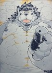 anthro bathing belly big_belly black_nose eyes_closed grey_body kemono male moobs navel nipples overweight overweight_male solo steam suishou0602 tamacolle yamato_(tamacolle) canid canine canis mammal wolf 2023 absurd_res hi_res