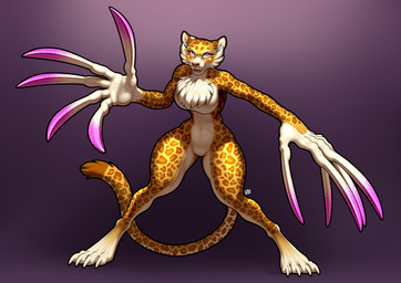 anthro big_hands breasts cheek_tuft chest_tuft claws facial_tuft fangs featureless_breasts featureless_crotch female fur hyper_claws inner_ear_fluff leopard_spots long_claws long_tail looking_at_viewer markings navel overhead_lighting pink_claws pink_eyes pink_nose simple_background smile solo spots spotted_markings tail teeth tuft yellow_body yellow_fur longblueclaw kirby_(series) nintendo clawroline felid leopard mammal pantherine absurd_res hi_res signature