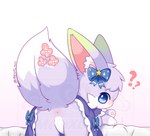 3_fingers ?_block accessory ambiguous_gender anus bed bed_sheet bedding blue_eyes blush blush_lines bottomwear bow_ribbon butt clothing feral fingers flower fur furniture gradient_background hair_accessory hair_bow hair_ribbon looking_at_viewer pawpads pink_pawpads plant presenting presenting_anus presenting_hindquarters purple_body purple_fur raised_tail ribbons simple_background skirt solo tail meioxl1223 canid canine fox mammal signature watermark