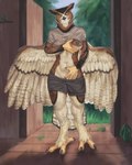 anthro beak bedroom_eyes breast_grab breast_squish breasts cabin clothed clothing dark_nipples feathers feet female flashing fluffy genitals hand_on_breast narrowed_eyes nipples partially_clothed plant pose presenting presenting_breasts pussy seductive solo squish standing talon_hands talons teasing toes tree wings plumpenguinn avian bird great_horned_owl horned_owl owl true_owl hi_res pinup