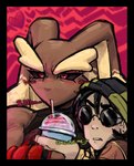 anthro beverage black_border blush border brown_body clothed clothing drinking duo eyewear female fingers hair holding_beverage holding_object male open_mouth pupils simple_background sunglasses text three-quarter_view s_miles_art nintendo pokemon generation_4_pokemon human lopunny mammal pokemon_(species) hi_res