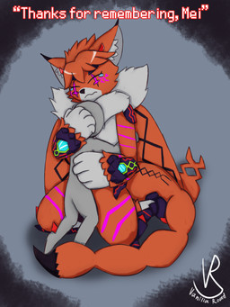 ambiguous_gender anthro armor bodily_fluids clothing duo female fur gauntlets gloves handwear hug orange_body orange_fur simple_background size_difference tears text white_body white_fur vanilla_road bandai_namco digimon digimon_(species) domestic_cat felid feline felis mammal meicrackmon meicrackmon_vicious_mode 3:4 absurd_res hi_res