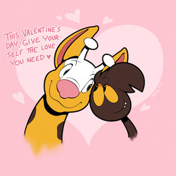 antlers blue_eyes brown_body brown_fur duo fur heart_symbol holidays horn orange_sclera pink_background pink_nose pupils sharp_teeth simple_background teeth text unusual_anatomy yellow_body yellow_fur trevor-fox nintendo pokemon valentine's_day kyp_(character) trevor-fox_(character) generation_2_pokemon girafarig pokemon_(species) 1:1 hi_res