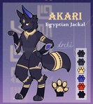 anthro biped black_body black_fur claws color_swatch digitigrade fur male pawpads solo tail archiiscuteboy akari_(archiiscuteboy) anubian_jackal canid canine canis jackal mammal absurd_res hi_res model_sheet watermark