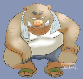 5_fingers 5_toes anthro biped bottomwear brown_body brown_fur clothing feet fingers footwear fur humanoid_hands kemono male overweight overweight_male sandals shirt shoes shorts simple_background solo toes topwear towel towel_around_neck toshi_(artist) mammal suid suine sus_(pig) wild_boar 2026