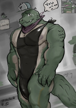 abs anthro apron apron_only baseball_cap biceps black_apron black_clothing blush claws clothing dialogue glistening green_body green_scales green_skin hat headgear headwear humanoid_hands kerchief looking_at_viewer male muscular muscular_anthro muscular_male neckerchief neckwear nipples non-mammal_nipples pecs scales shaking solo_focus speech_bubble tail teeth text tansuooooo later_alligator pillowfight smallbu background_character pat_(later_alligator) protagonist_(later_alligator) alligator alligatorid crocodilian reptile scalie 2026 digital_media_(artwork) english_text hi_res reference_image signature
