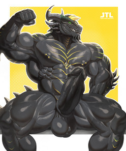 abs anthro balls barazoku barbell_piercing big_muscles black_balls black_body black_hair black_penis blonde_hair chin_spikes erection facial_spikes front_view genitals glistening glistening_eyes green_eyes grey_horn hair horn horn_jewelry horn_ring huge_muscles humanoid_genitalia humanoid_penis jewelry looking_at_viewer male male_anthro multicolored_hair muscular muscular_anthro muscular_male narrowed_eyes nipple_barbell nipple_piercing nipples nude pecs penis piercing pupils ring_(jewelry) sitting slit_pupils smile solo spikes spikes_(anatomy) spread_legs spreading two_tone_hair johnthelewd_art mythology dragon mythological_creature mythological_scalie scalie 5:6 absurd_res hi_res