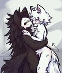 anthro black_body black_fur black_sclera blue_eyes blush blush_lines claws crotch_tuft daww duo fur hair head_tuft hug lifting_partner long_fur long_hair male male/male male_anthro mask one_eye_closed simple_background smile tuft white_background white_body white_eyes white_fur white_hair wink mew_orr changed_(video_game) lin_(changed) puro_(changed) canid canine canis goo_creature mammal wolf digital_media_(artwork) hi_res