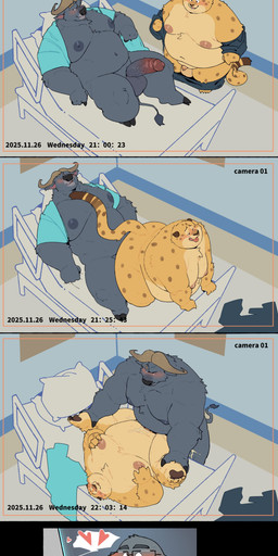 anal anthro anthro_on_anthro anthro_penetrated anthro_penetrating anthro_penetrating_anthro balls being_watched belly big_belly big_moobs blush bodily_fluids butt clothed clothing duo erection fur genital_fluids genitals horn hospital looking_at_another lying male male/male male_penetrated male_penetrating male_penetrating_male markings moobs navel nipples nude on_back on_bottom on_top open_mouth overweight overweight_anthro overweight_male penetration penile penile_penetration penis reverse_cowgirl_position sex table_lotus_position tail text thick_thighs quanjiang disney zootopia benjamin_clawhauser chief_bogo bovid bovine buffalo cape_buffalo cheetah eulipotyphlan felid feline felis mammal mole_(animal) 2026 9:16 absurd_res colored digital_drawing_(artwork) digital_media_(artwork) english_text flat_colors hi_res