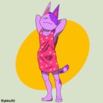 anthro clothed clothing crossdressing dress floral_print fur hands_behind_head long_shirt looking_at_viewer male purple_body purple_fur relaxing simple_background solo stretching pointkillfox animal_crossing nintendo bob_(animal_crossing) domestic_cat felid feline felis mammal 1:1 absurd_res hi_res