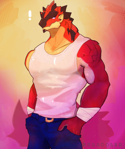 anthro belt bottomwear clothing exclamation_point front_view hand_in_pocket logo looking_around male pants pockets red_body red_scales scales shirt sleeveless_shirt solo tan_body topwear white_clothing white_shirt white_topwear wraps wrist_wraps megadolix capcom monster_hunter flying_wyvern rath_wyvern rathalos artist_logo digital_media_(artwork) hi_res portrait three-quarter_portrait