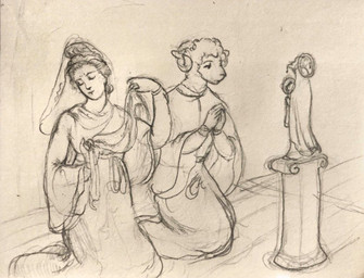 anthro clothed clothed_anthro clothed_female clothed_human clothed_male clothing duo eyes_closed female figurine fur hair hands_together horn kneeling looking_forward male male/female robe wool_(fur) reynard_goodfellow reynard_the_baa bovid caprine human mammal sheep monochrome