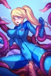 5_fingers abdominal_bulge blonde_hair blue_background blue_eyes blush bodily_fluids bodysuit breasts clothing curvy_figure female fingers hair hourglass_figure long_hair markings mole_(marking) nipple_outline not_furry open_mouth penetration saliva sex simple_background skinsuit skintight_suit slime small_waist solo teeth tentacle_sex tentacles through_clothing tight_clothing tongue vaginal vaginal_penetration wide_hips zero_suit ebluberry metroid nintendo samus_aran human mammal 2:3