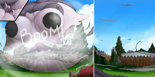 air_from_mouth air_from_nipple air_inflation areola belly big_areola big_belly big_breasts black_areola black_nipples blush body_inflation breasts bursting close-up female fence fur grass grey_body grey_fur hair horn hose hose_in_butt hose_inflation huge_areola huge_belly huge_breasts hyper hyper_belly hyper_inflation immobile inflation motion_lines multicolored_body multicolored_fur nipples onomatopoeia plant popping rake sound_effects text tools two_tone_body two_tone_fur white_body white_fur white_hair white_text lazygartuz jhar_othim_(character) canid canine canis mammal wolf 2025 hi_res sequence