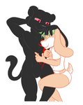 anthro black_body black_fur clothed clothing cuddling duo femboy fingers fur glowing glowing_eyes green_hair hair lying male male/male melanistic orange_body orange_fur red_eyes simple_background underwear tinydevilhorns mango_(mangofruto) unseenpanther felid lagomorph leporid mammal pantherine rabbit 2020