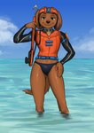 anthro armor athletic black_clothing black_speedo black_swimwear black_underwear blue_sky bottomless bottomless_male brown_body brown_fur brown_nose brown_tail clothed clothing cloud eyebrows fluffy fluffy_tail fur hand_on_hip harpoon harpoon_gun headgear helmet long_sleeves male melee_weapon orange_clothing orange_shirt orange_topwear orange_vest partially_submerged polearm pose raised_eyebrow scuba_diver scuba_gear sea shirt sky slim smile smirk smug solo spear speedo standing_in_water swimwear tail tight_clothing topwear underwear vest water weapon wetsuit yellow_eyes diacordst paw_patrol zuma_(paw_patrol) bird_dog canid canine canis domestic_dog hunting_dog labrador mammal retriever 2022 absurd_res hi_res