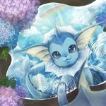 :3 ambiguous_gender blue_body cloud day ear_fins fin flower frill_(anatomy) leaf neck_frill outside plant puddle rainbow reflection ripples sky smile solo tail water_ripple nilomne nintendo pokemon eeveelution generation_1_pokemon pokemon_(species) vaporeon 1:1 2019 signature