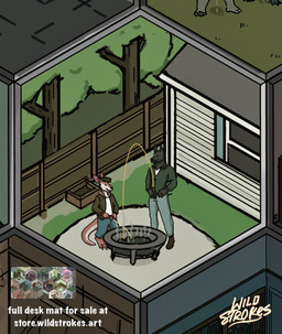 anthro backyard bodily_fluids clothing duo erection fence firepit genital_fluids genitals grass isometric jacket male male/male penis plant topwear tree urine urine_stream wild_strokes sekh_the_jackal canid canine canis jackal mammal hi_res