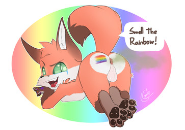 anthro anus backsack balls bodypaint brown_body brown_eyebrows brown_fur butt dialogue eyebrows fart fart_cloud fur genitals green_eyes green_fart_cloud lgbt_pride looking_at_viewer looking_back looking_back_at_viewer lying male nude nude_anthro nude_male on_front open_mouth open_smile orange_body orange_fur painted_butt pawpads perineum presenting presenting_anus presenting_balls presenting_hindquarters pride_colors rainbow_colors raised_eyebrow raised_tail smile solo speech_bubble tail talking_to_viewer text white_body white_fur young young_anthro young_male galo canid canine fox mammal 2025 absurd_res english_text hi_res signature