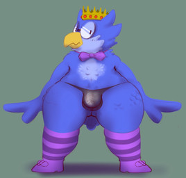 anthro beak blue_body blue_feathers bulge butt clothing crown detailed_bulge embarrassed eyewear feathers glasses headgear legwear male nerd pattern_clothing pattern_legwear pattern_stockings short_stack slightly_chubby solo stockings striped_clothing striped_legwear striped_stockings stripes thick_thighs thong underbutt underwear lavir kings_of_hell stolas_(kings_of_hell) avian bird owl hi_res