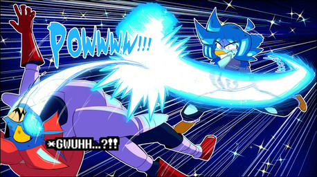 ambiguous_gender anthro armor beak blue_body blue_feathers blue_hair blue_scales clothed clothed_anthro clothing duo eye_patch eyewear feathers fight hair onomatopoeia punch red_hair scales sound_effects text winged_arms wings merlebirb_(artist) undertale_(series) undertale_yellow martlet_(undertale_yellow) undyne animal_humanoid avian bird fish fish_humanoid humanoid marine marine_humanoid 2024 absurd_res digital_drawing_(artwork) digital_media_(artwork) english_text hi_res female_(lore)