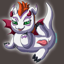 3_claws 3_fingers animal_genitalia anus arm_markings beckoning bodily_fluids claws dipstick_ears ear_markings erection facial_markings feral fingers fur genital_fluids genital_slit genitals gesture green_eyes hair hand_markings head_markings horn lying male markings multicolored_ears on_side orange_hair paw_markings penis precum purple_markings raised_tail red_horn red_wings solo spread_legs spreading tail white_body white_fur wings pastelpaints bandai_namco digimon digimon_(species) gomamon 1:1 2025 absurd_res digital_media_(artwork) hi_res