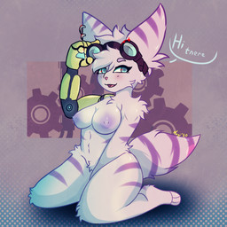 5_fingers anthro areola biped blue_eyes breasts cybernetic_arm cybernetic_limb dialogue dotted_background ear_piercing exposure_variation eyewear female fingers fluffy goggles kneeling looking_at_viewer nipples nude pattern_background piercing simple_background solo talking_to_viewer text nagifur ratchet_and_clank sony_corporation sony_interactive_entertainment rivet_(ratchet_and_clank) lombax mammal 1:1 2020 absurd_res digital_media_(artwork) english_text hi_res