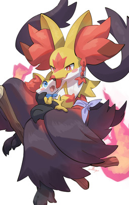 ambiguous_gender anthro blue_eyes blue_kerchief blue_neckerchief blush broom broom_riding carrying_another claws cleaning_tool cute_fangs dipstick_tail duo fangs feral fire fur grey_body grey_fur inner_ear_fluff kerchief markings multicolored_body multicolored_fur neckerchief neckwear open_mouth open_smile paws red_body red_eyes red_fur red_inner_ear_fluff red_tail simple_background size_difference smile tail tail_markings teeth tuft white_background white_body white_fur yellow_body yellow_fur yellow_tail nullma nintendo pokemon lir_(icma) shinku_(nullma) canid canine fennekin generation_6_pokemon generation_9_pokemon mammal mega_delphox mega_evolution pokemon_(species) absurd_res digital_media_(artwork) hi_res signature