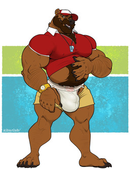 anthro arm_hair baseball_cap beard belly big_bulge big_muscles big_pecs body_hair bottomwear bottomwear_down brown_body brown_fur bulge chest_hair claws clock clothed clothing coach ear_piercing ear_ring facial_hair fur genital_outline hand_on_belly hat headgear headwear huge_bulge huge_pecs jockstrap male midriff musclegut muscular muscular_anthro muscular_male partially_clothed pecs piercing raised_clothing raised_shirt raised_topwear ring_piercing shirt shorts shorts_down smile solo thick_thighs topwear underwear watch whistle_(object) wristwatch kihu henry_harris_baxter bear mammal hi_res