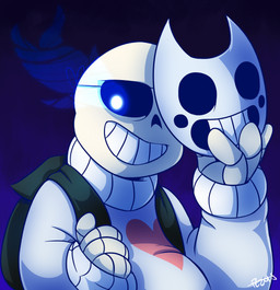 backpack bone clothing glowing glowing_eyes heart_symbol male mask not_furry simple_background skeleton smile solo cosmic-rust off_(game) undertale undertale_(series) sans_(undertale) zacharie_(off) animated_skeleton humanoid undead absurd_res blue_theme crossover hi_res