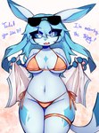 anthro belly big_breasts bikini blue_body breasts clothing collarbone female long_ears looking_at_viewer navel open_mouth red_bikini red_clothing red_swimwear simple_background solo string_bikini swimwear text two-piece_swimsuit white_background octoberrk nintendo pokemon eeveelution generation_1_pokemon generation_4_pokemon glaceon pokemon_(species) english_text hi_res