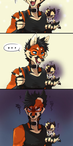 anthro black_clothing black_collar black_hair black_shirt black_tank_top black_topwear blue_eyes clothing collar duo ellipsis fangs frown hair male scowl sharp_teeth shirt tank_top teeth topwear tartii cress_(tartii) tartii_(character) canid canine fox mammal comic hi_res