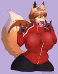 allysia_(killy) anthro big_breasts big_tail breast_squish breasts brown_hair canid canine digital_media_(artwork) dipstick_tail female female_anthro fox gesture hair hi_res huge_breasts kemono kitsuneten looking_at_viewer mammal markings ponytail sharp_teeth slightly_chubby solo squish tail tail_markings teeth tongue tongue_out track_jacket track_pants