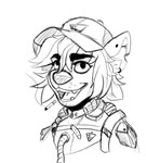 anthro cigarette clothed clothing hair headgear headwear long_hair male open_mouth piercing science_fiction smile smoking solo teeth uniform hyenamancer battletech mechwarrior hyena mammal spotted_hyena monochrome sketch