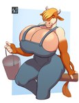 2024 5_fingers almond_(freckles) anthro artist_name big_breasts blonde_hair bovid bovine breasts bucket cattle clothed clothing container digital_media_(artwork) female fingers freckles_(artist) hair hair_over_eye holding_bucket holding_container holding_object huge_breasts looking_at_viewer mammal one_eye_obstructed overalls signature simple_background solo tail