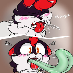 all_the_way_through anthro bodily_fluids cough couples duo female female/female fur green_tongue leaning leaning_forward orange_eyes out_of_nowhere penetration red_body red_fur saliva surprised tongue tongue_out vomiting duskerburger novel_(character) sparrow_skunker bovid caprine goat humanoid mammal mephitid skunk 1:1 comic hi_res
